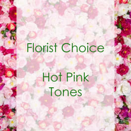 Floral backdrop of pink and white roses with "Florist Choice Hot Pink Tones" text