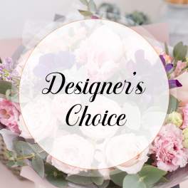 Pastel bouquet with pink and white flowers and eucalyptus, overlaid with "Designer's Choice" text