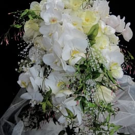 White orchid bouquet with pale yellow flowers and trailing greenery