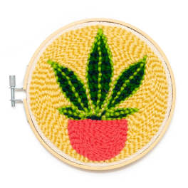 Embroidered potted plant in a round wooden hoop