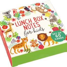 Box of kids' lunch box notes with colorful animal illustrations