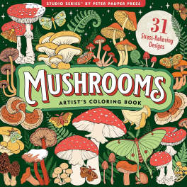 Mushroom-themed coloring book cover with illustrated fungi and butterflies