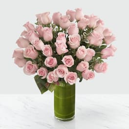 Bouquet of pale pink roses in a tall green glass vase