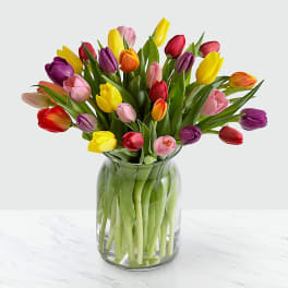 Colorful tulip bouquet in a clear glass vase