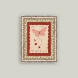 Framed Valentine card with a pink butterfly and hearts