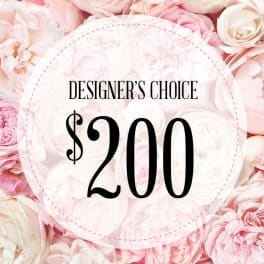 Pink and white roses with a "Designer’s Choice $200" label