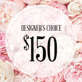 Pink and white floral background with designer's choice $150 text