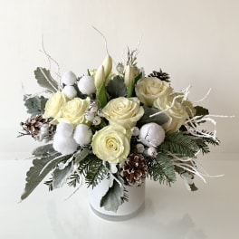 Cream roses and white tulips in a white vase with pinecones and frosted accents