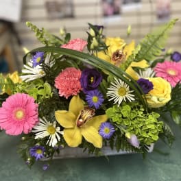 Mixed bouquet with pink gerberas, yellow lilies, and purple daisies