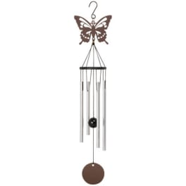 Butterfly wind chime with metal tubes and a round hanging disk