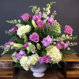 Lavendar and White Pot arrangment