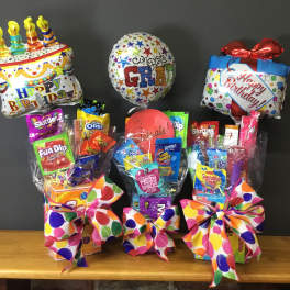 Birthday balloon and candy gift set with colorful bows
