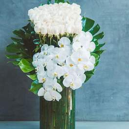 Tall modern arrangement of white roses and orchids in a glass cylinder vase with large tropical leaves.