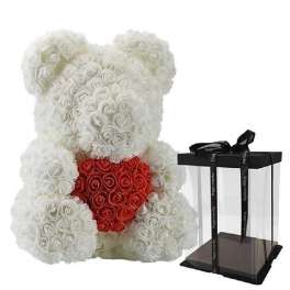 White rose teddy bear with a red heart and a clear gift box