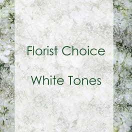 White floral arrangement background with the text "Florist Choice White Tones"