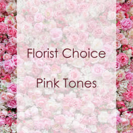 Pink rose background with the words Florist Choice Pink Tones