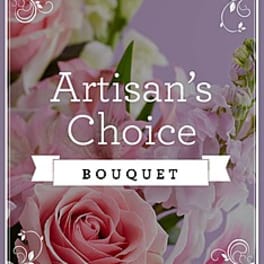 Graphic of an artisan's choice bouquet with pink roses and pastel flowers on a lavender background