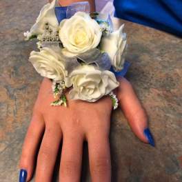 WHITE ROSE CORSAGE WITH BLUE RIBBON