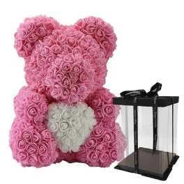 Pink rose teddy bear with a clear gift box and black ribbon