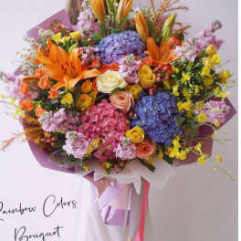 Large multicolor bouquet with lilies, roses, and hydrangeas