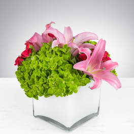 Low arrangement of green hydrangeas, pink lilies, and red roses in a square white vase