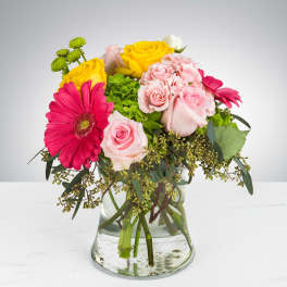 Short glass vase of pink gerbera daisies, yellow roses, and mixed pink blooms