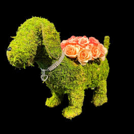 Moss-covered dog sculpture with peach roses on its back