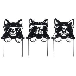 Three black cat-shaped picks wearing sunglasses