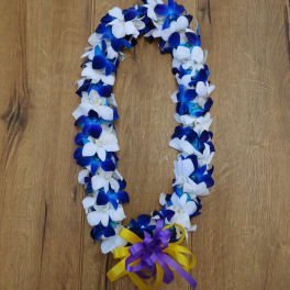 Blue and white flower lei with a purple and yellow ribbon bow