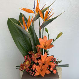 Tall tropical arrangement with orange birds of paradise and lilies