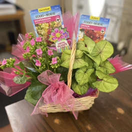 Basket of potted pink flowers and green foliage with seed packets and a pink bow