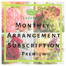 Monthly arrangement subscription graphic with assorted flowers and bold text