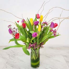 Simply Tulips - Mixed color tulips arranged in a vase.