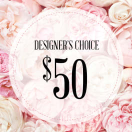 Pink and white roses with a "$50" designer's choice label