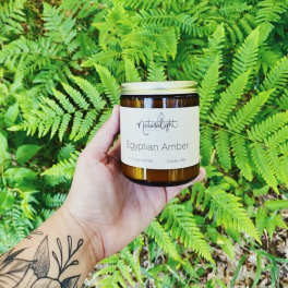 Hand holding an amber jar candle labeled Egyptian Amber in front of bright green ferns.
