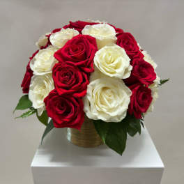 Red and white roses arranged in a gold vase