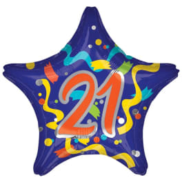 Star-shaped balloon with the number 21 on a blue background