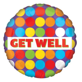 Round polka-dot balloon with "GET WELL" text