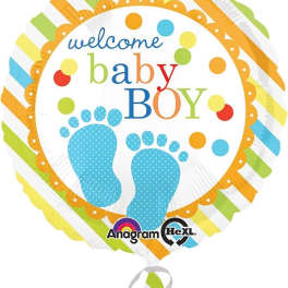 Round balloon reading welcome baby boy with blue footprints