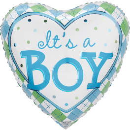 Heart-shaped balloon reading "it's a BOY" in blue and green