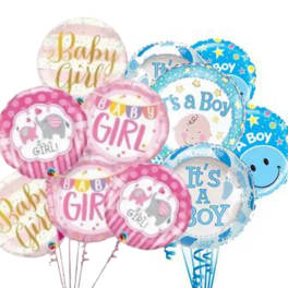 Cluster of baby shower balloons in pink and blue with gender reveal text