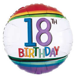 Round foil balloon reading 18th Birthday with rainbow stripes