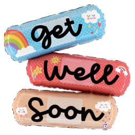 Three colorful foil balloons reading get well soon