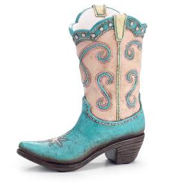 Turquoise and cream embroidered cowboy boot with a low heel