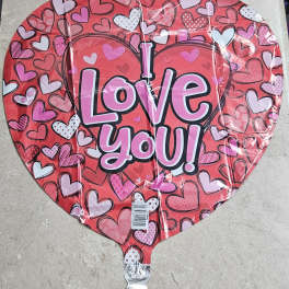 Heart-shaped balloon with "I Love You" text and pink heart pattern
