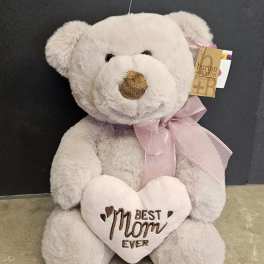 Plush teddy bear holding a heart that says Best Mom Ever