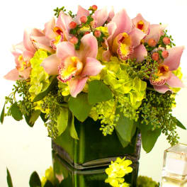 Low arrangement of pink orchids and lime hydrangeas in a green glass cube vase