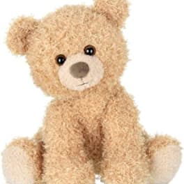 Small curly-textured tan teddy bear sitting upright