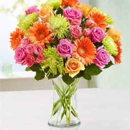 Mixed pink, orange, and green flowers arranged in a clear glass vase