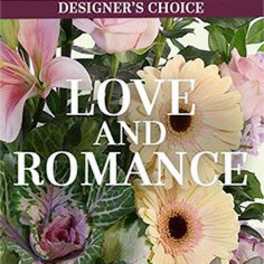 Romantic mix of soft pink lilies, roses, and gerbera daisies behind Love and Romance text.